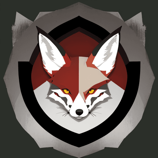 AI generated: Create a shield-shaped military insignia. The top section is a red background with a white fox's hea...