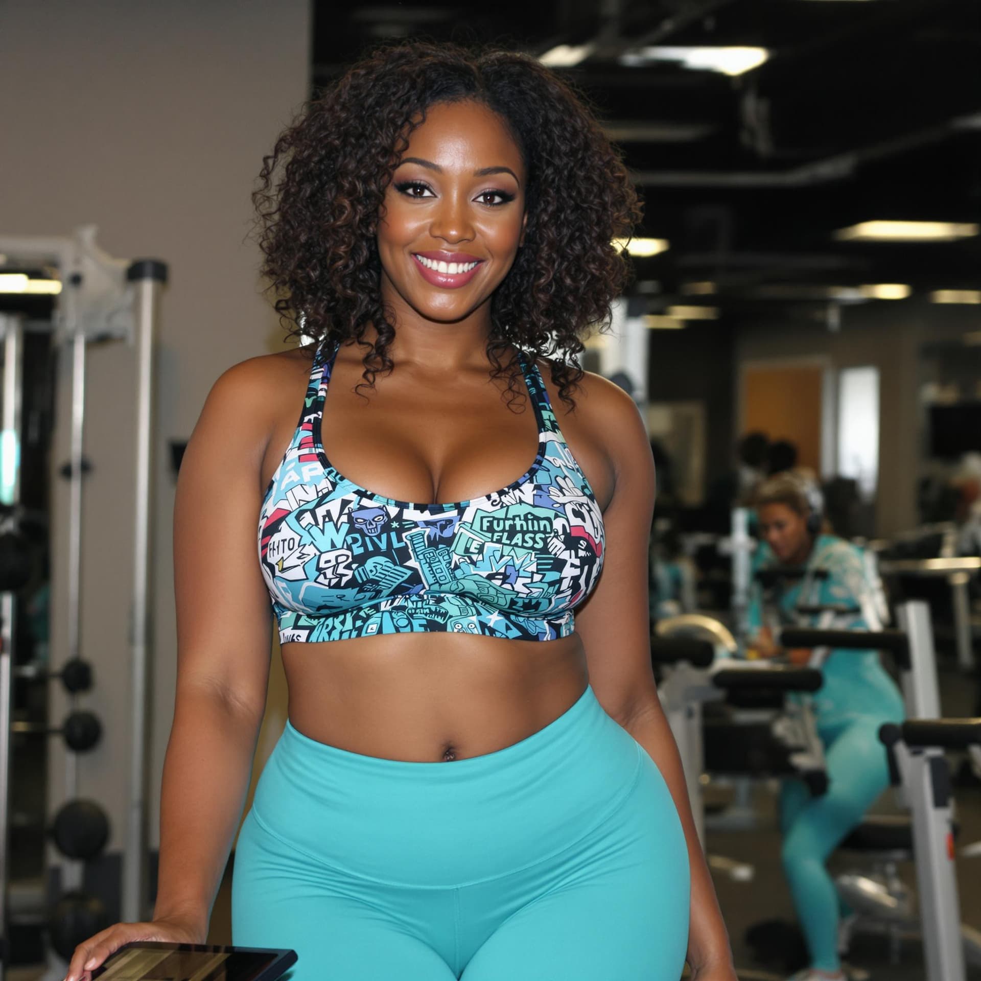 AI generated: attractive black woman with curvaceous body. She is wearing cyan leggings and a sports bra. The woma...