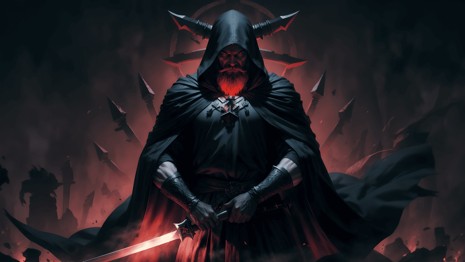 AI generated: 1man,black robes, beard made of red fire,dark face,menacing pose facing the camera, (holding black s...