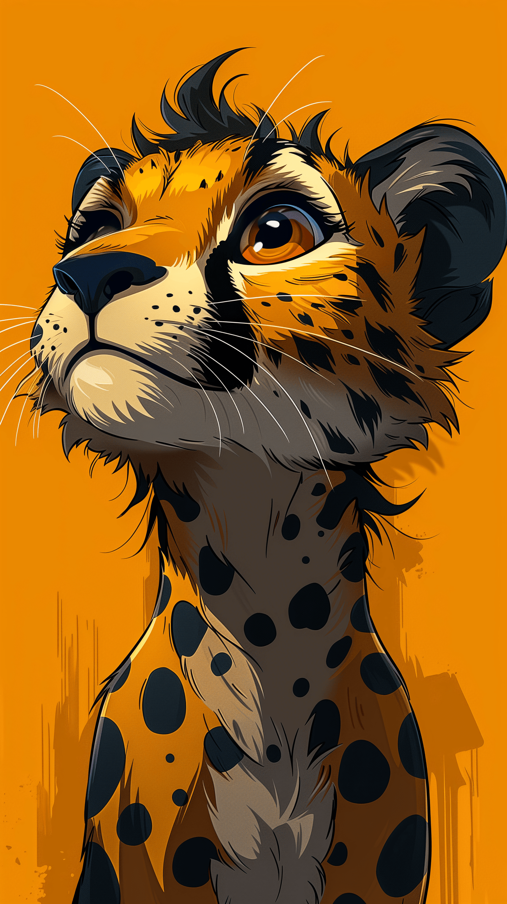 AI generated: illustration, vector cartoon-style, cute cheetah's face, zoom in, expressive eyes and a playful deme...