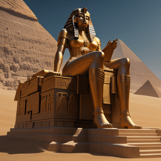AI generated: a large statue with a woman looking at it, in the style of unreal engine 5, egypt's terrain, movie s...