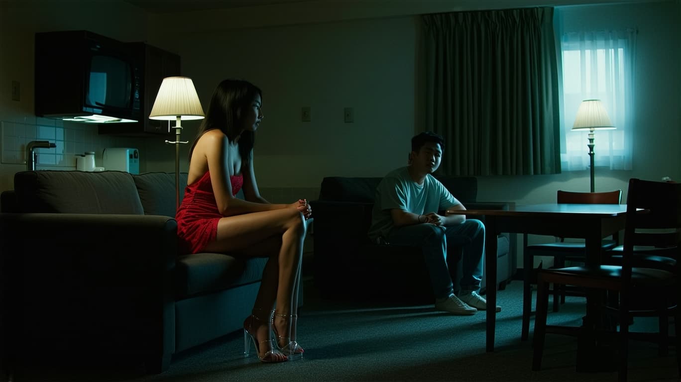 AI generated: A high-resolution movie scene, featuring the small living room of a modern, poor motel with a slight...