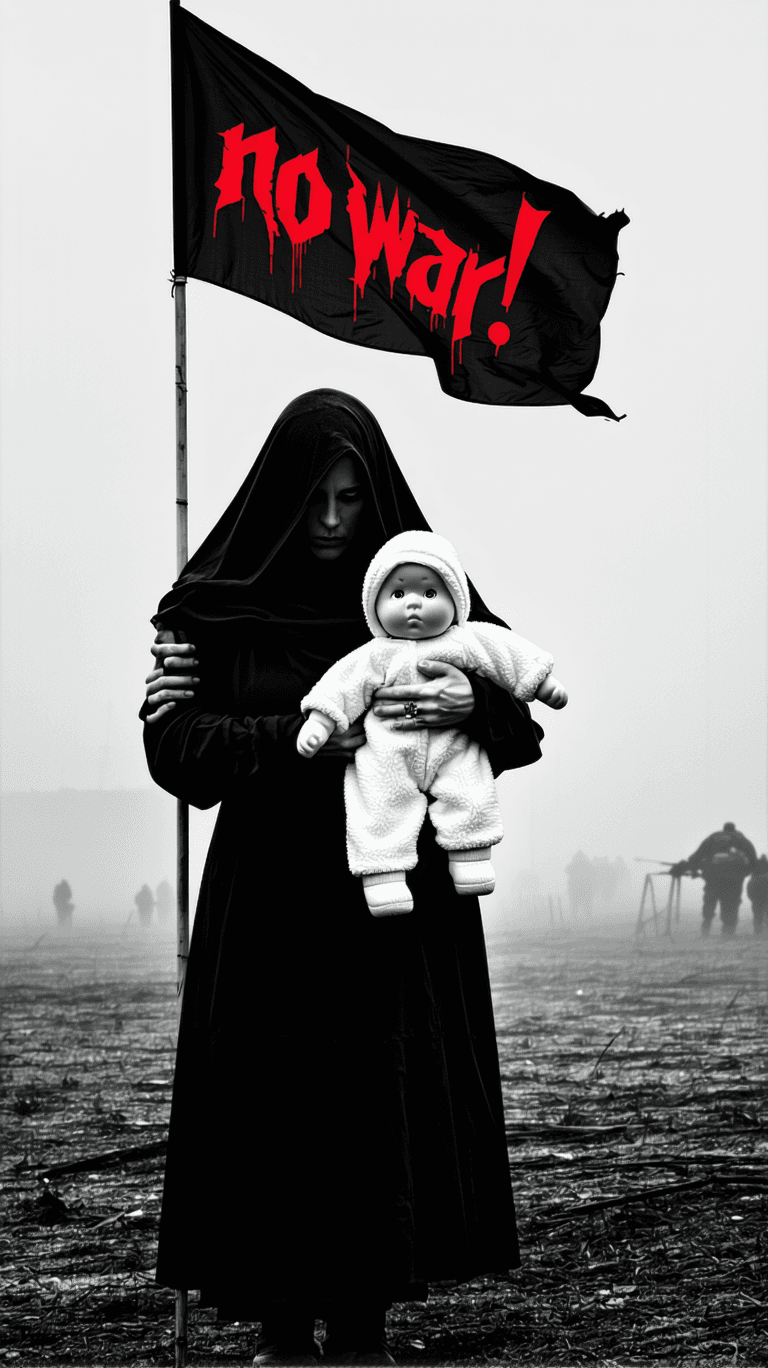AI generated: B&W photography,Epic scene of a sad woman holding a baby doll in her hands, supporting a flag-poster...