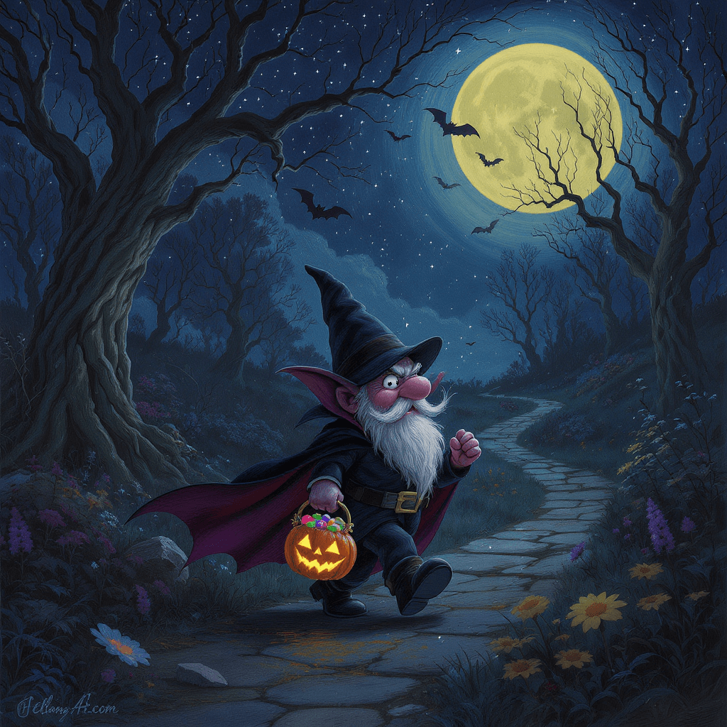 AI generated: A mischievous garden gnome in a vampire costume, carrying a tiny pumpkin-shaped candy bucket, walkin...