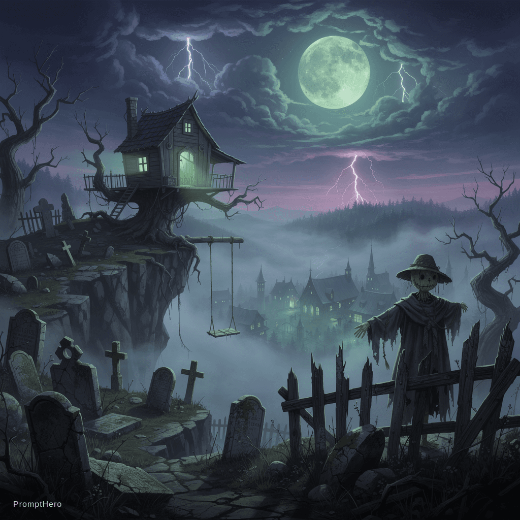 AI generated: A dark gothic fantasy landscape at night, a haunted wooden treehouse perched dramatically on the edg...