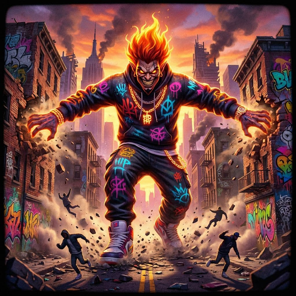 AI generated:  A colossal HIP HOP DEMON with flaming dreadlocked hair and an wicked grin stomps through a decaying...