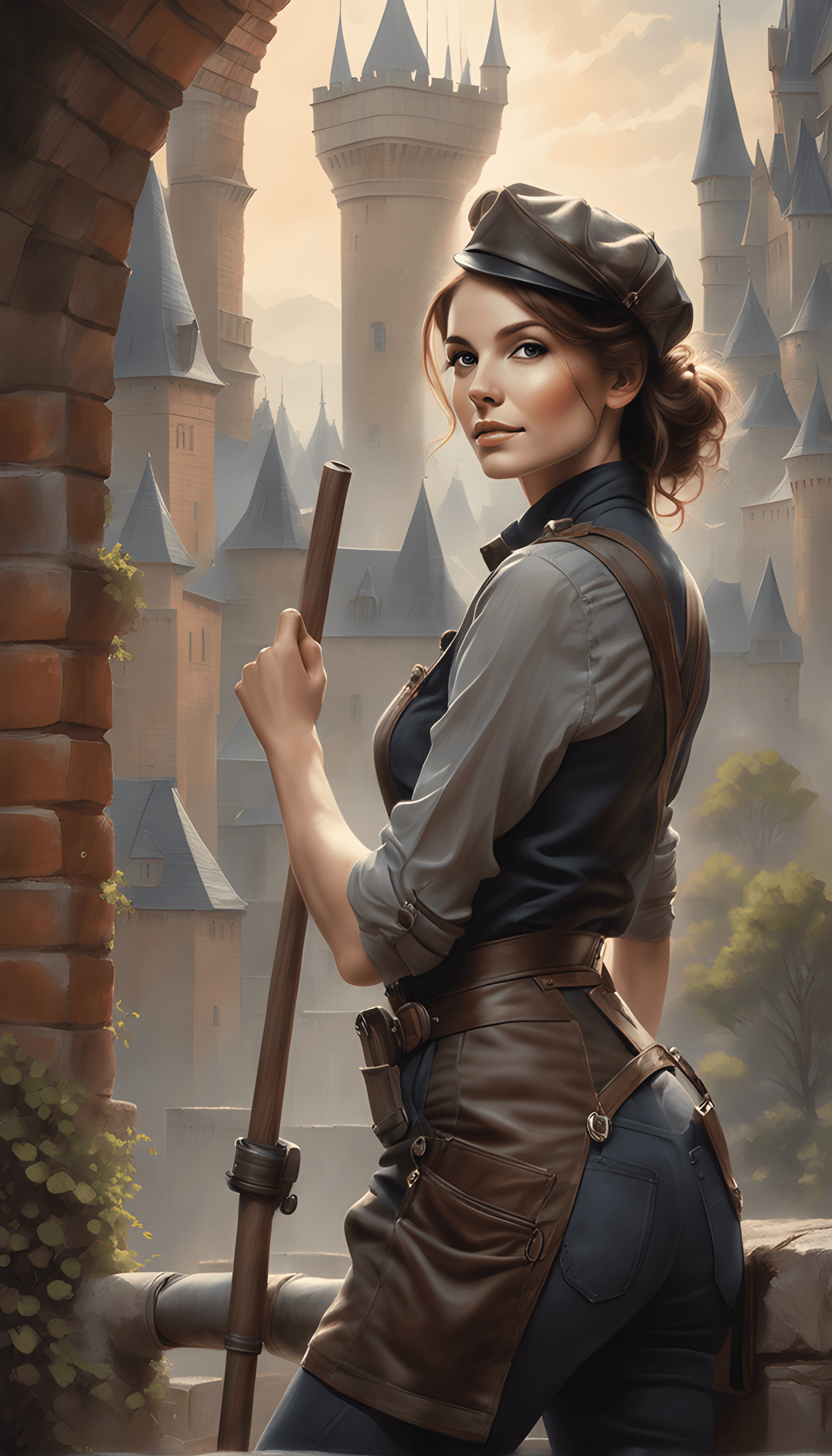 AI generated: Modern digital portrait of a woman chimney sweep in a tight-fitting work outfit, with a slight smile...