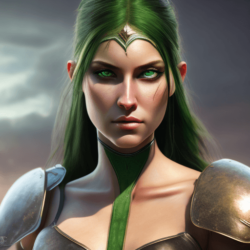 AI generated: Ultra realistic full body portrait of warrior beautiful young woman, perfect realistic green eyes, b...