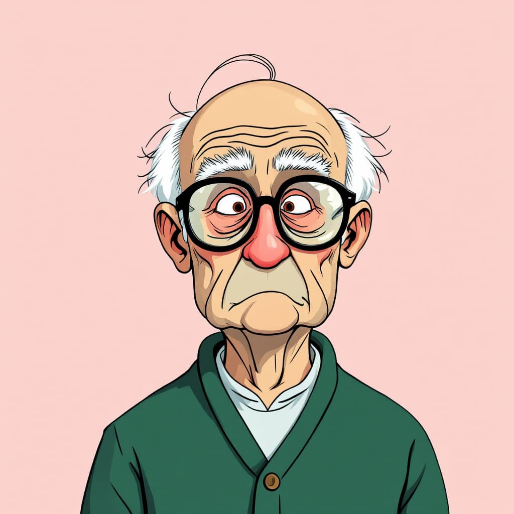 AI generated: vector art, front view, elderly man, forest green figure on pale pink backdrop, balding with wispy s...