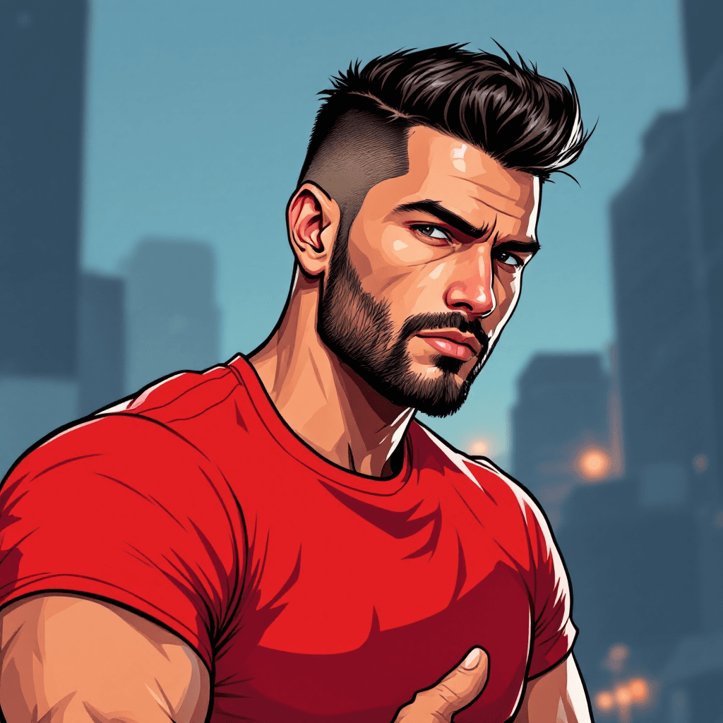 AI generated: Cartoon illustration, comic book cover featuring a handsome man, dark burst-taper hair, trimmed shor...