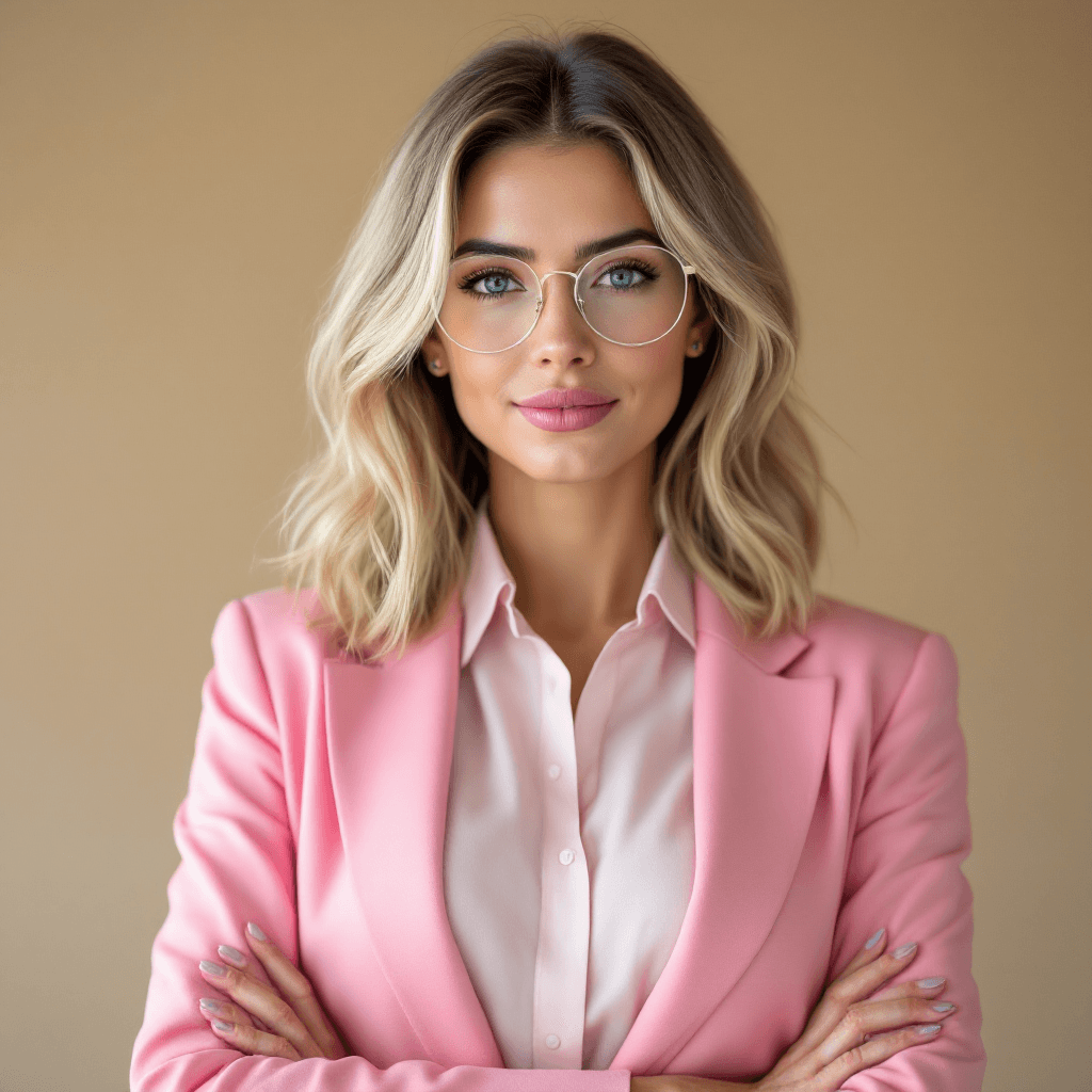 AI generated: Confident and professional businesswoman wearing low hands More real person eyes blue-green, glasses...