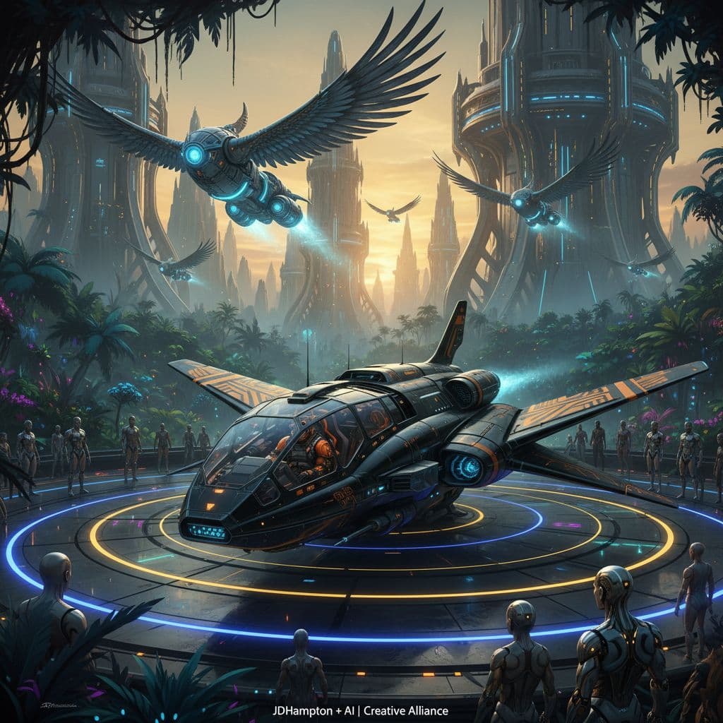 AI generated: Futuristic epic adventure, highly advanced Tartaria building in the background with 1mythological an...