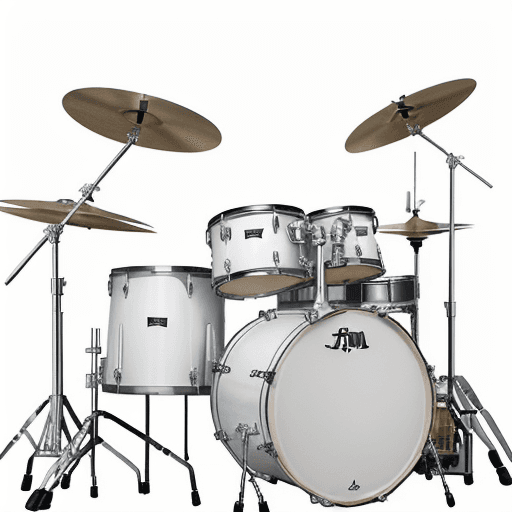 AI generated: drawing of a drum set,white color drawing,big drums and toms,cymbals normal size