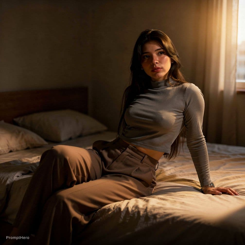AI generated: Cinematic chiaroscuro portrait of a single adult woman (18+), intimate yet tasteful, set in a minima...