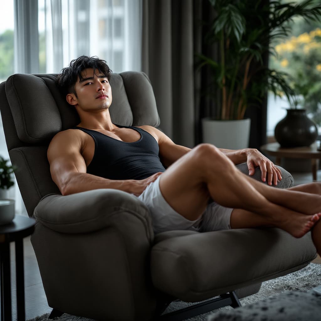 AI generated: Full-body photo of a tall, bodybuilder youthful korean man wearing a black stringer tank top and whi...
