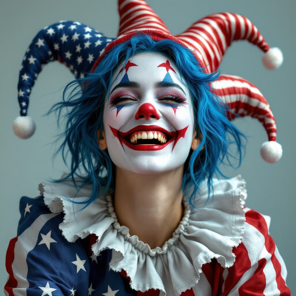 AI generated: A female jester with blue hair, wearing with American flag patterns, laughing heartily , in the styl...