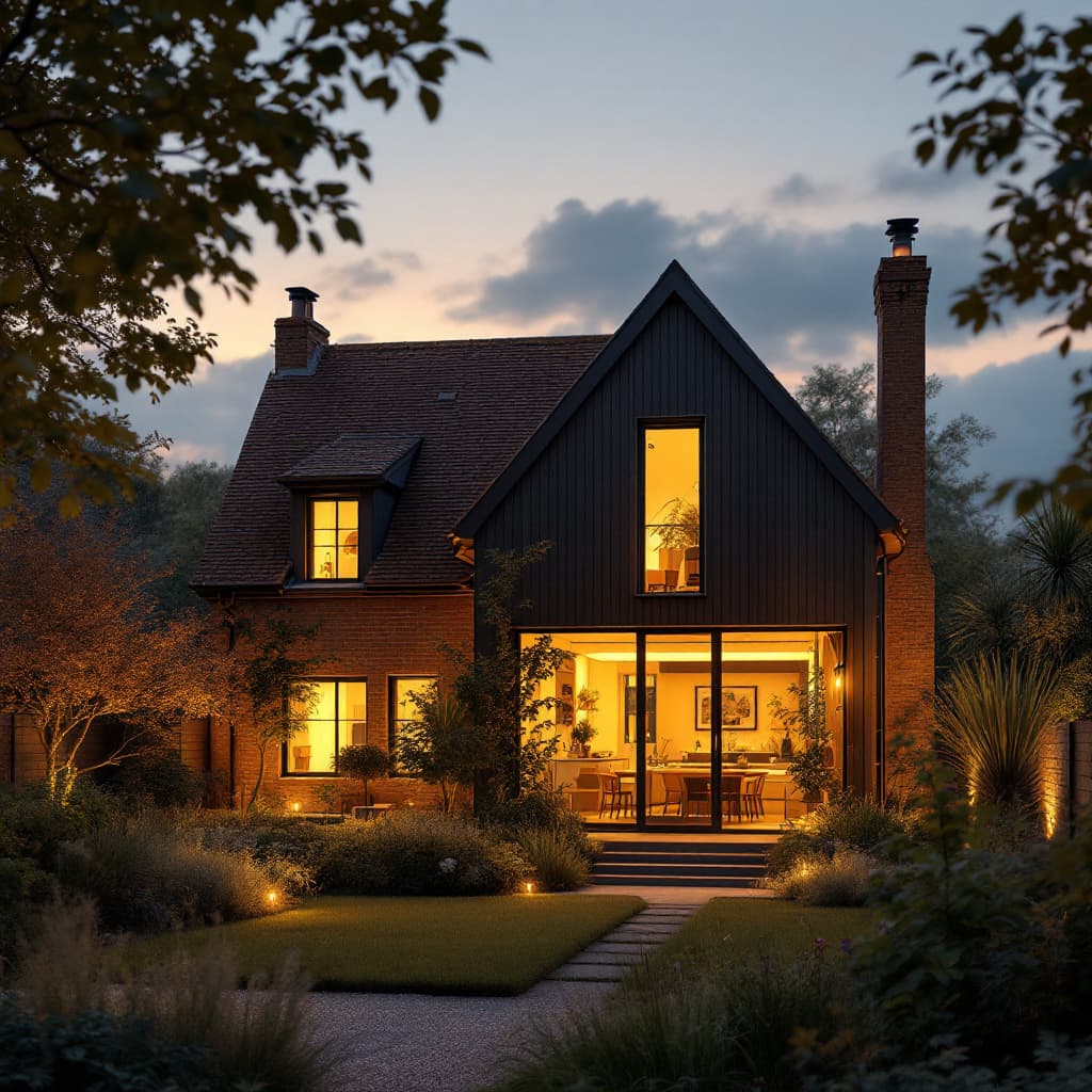 AI generated: Photorealistic image of a modern UK house at dusk, warm glowing lights spilling from the windows. Th...