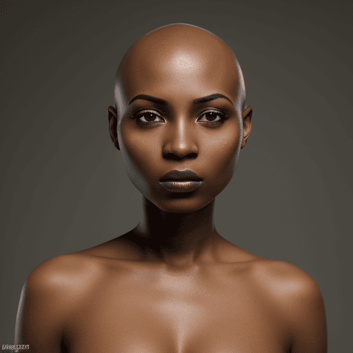 AI generated: very dark pigmented skin African woman, bald, facing forward, perfect smooth skin, no facial express...