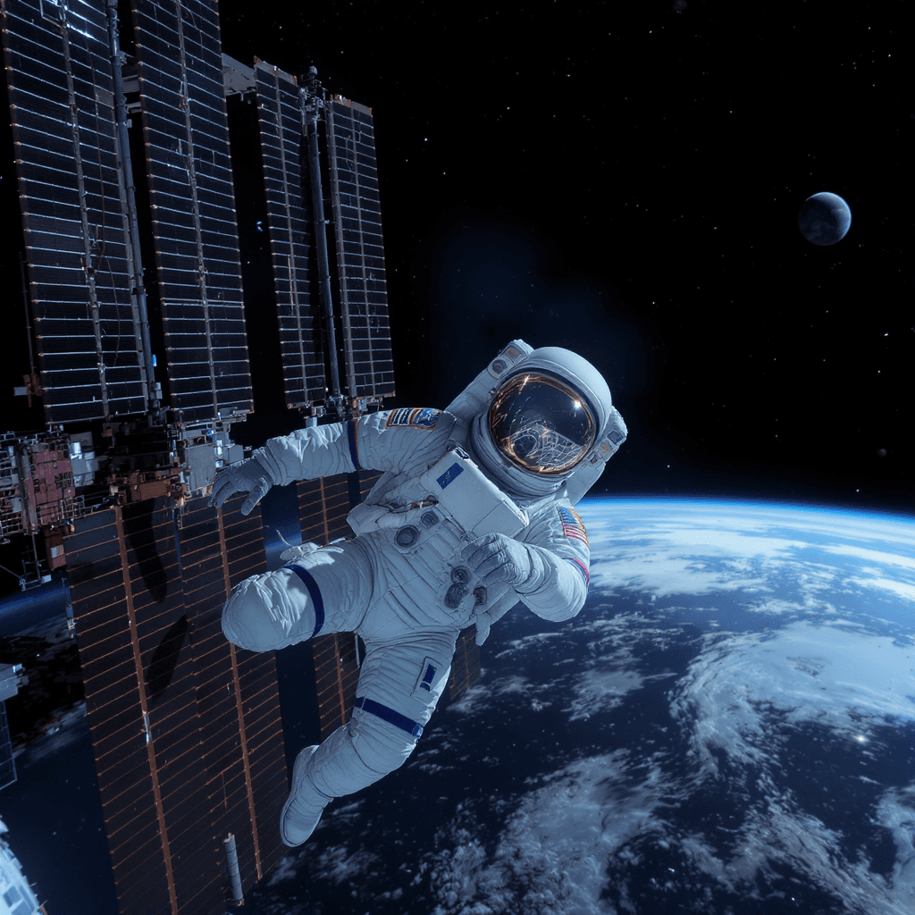 AI generated: A female astronaut floating in space near the International Space Station, Earth glowing in the back...