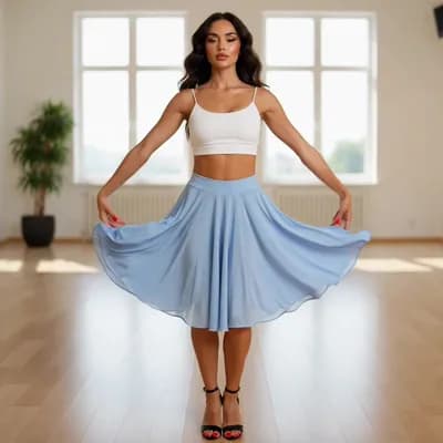 AI generated video: Make the person in the photo dance jazz, twist their waist, have a flowing skirt, change the top to ...