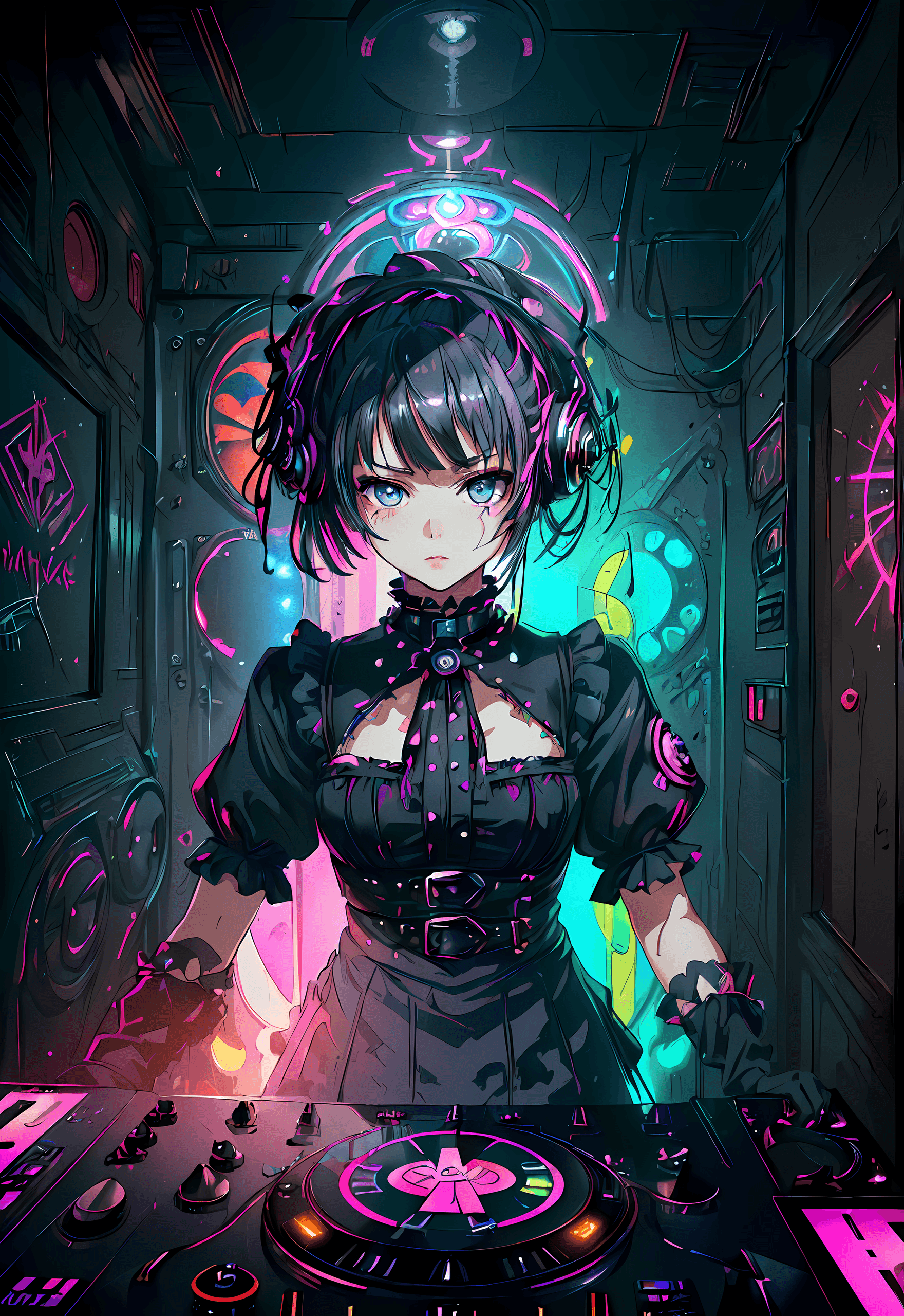 AI generated: (masterpiece, award winning, high quality:1.2), art by Adrian Smith, (psychedelic art), menhera girl...