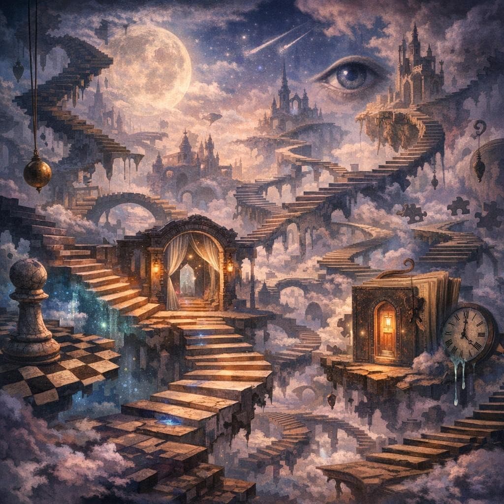 AI generated: Create a unique environment/Biome of a Mind → The Dream Labyrinth (constantly shifting mental landsc...