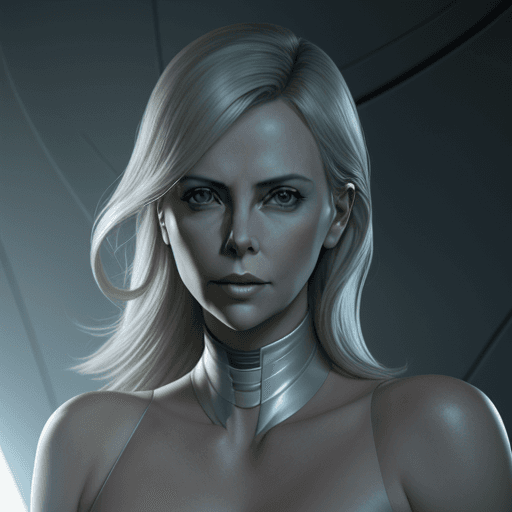 AI generated: Charlize Theron plays Diana, Very beautiful alien leader Diana, long silver hair, futuristic uniform...