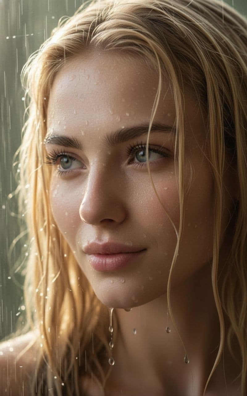 AI generated: Photo realistic macro shot of the uploaded woman's face with shallow depth. Camera from 3/4 angle, v...