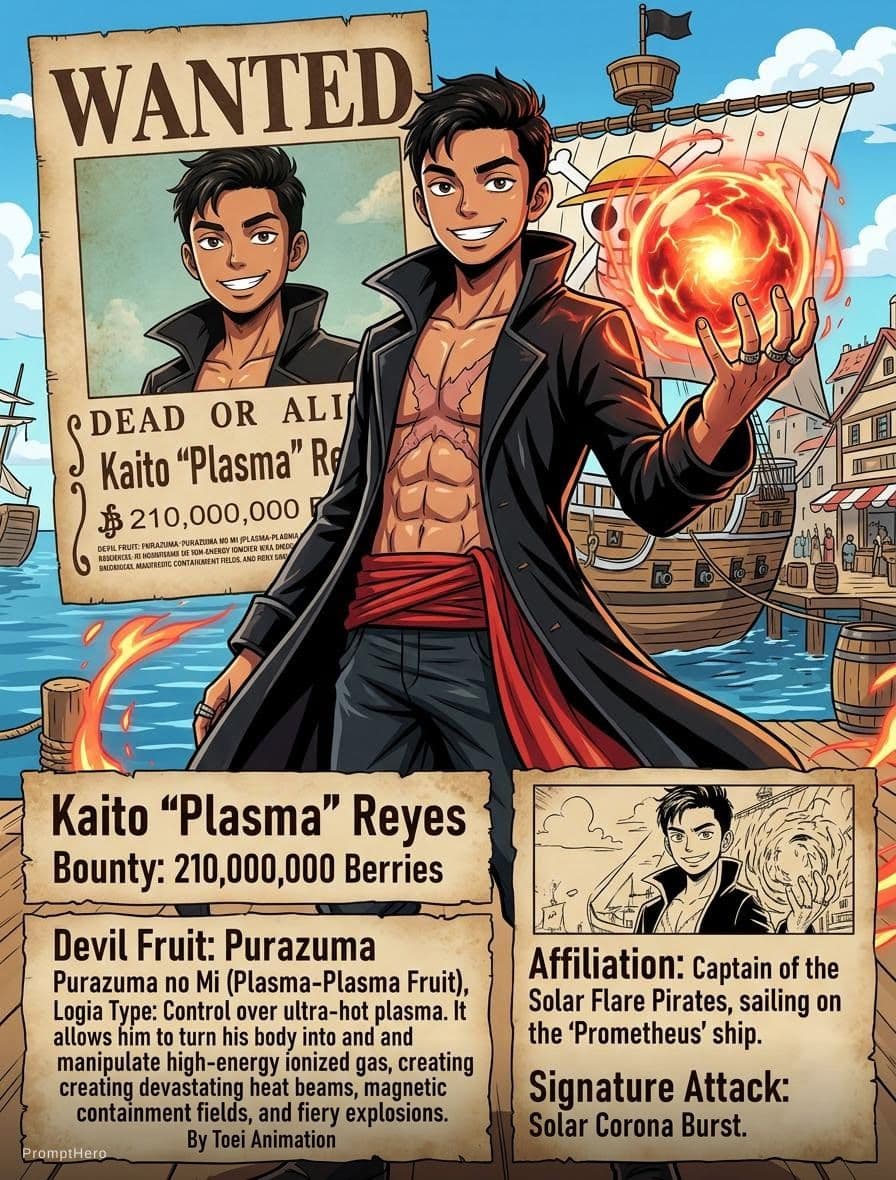 AI generated: Generate an original One Piece character image from attached. Also list the jjdevil fruit abilities,...