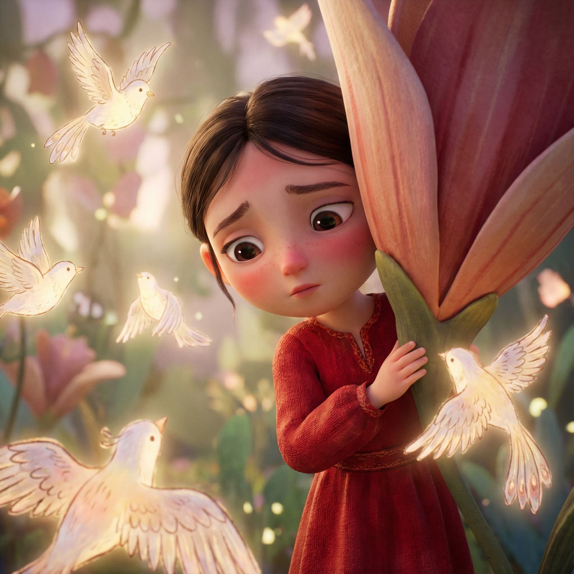AI generated: a young girl in a red frock very shy expression, in the style of unreal engine 5, cartoonish caricat...