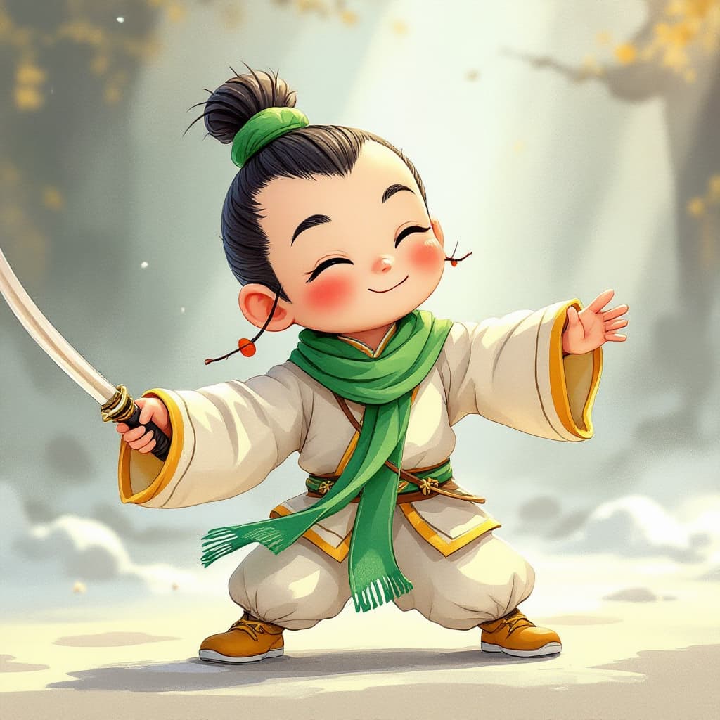 AI generated: The little Chinese Taoist priest wears a green scarf and holds a long-handled sword. He has a cute a...