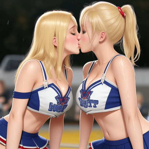 AI generated: Blonde, 2_girls, cheerleader, lesbian, kissing, wet, short_skirt top cleavage