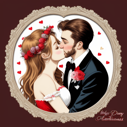 AI generated: Create an image of a A man and woman embraced and kissing, centered on a red heart frame decorated w...