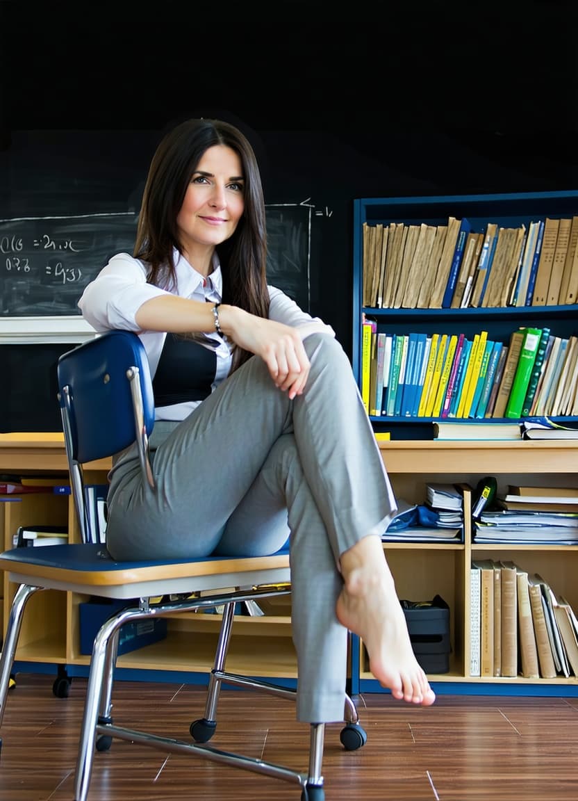 AI generated: teacher in the reference image sitting at a desk in a classroom, casually relaxing with her feet cro...