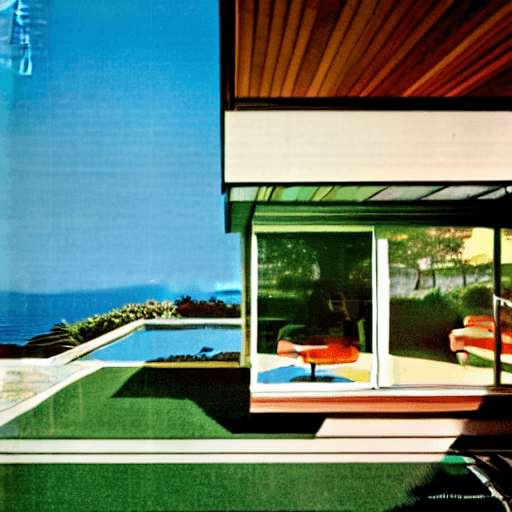 AI generated: Hyper realistic eye level exterior photo of a mid century modern style house overlooking the ocean, ...