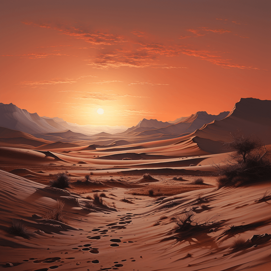 AI generated: A photorealistic painting of a [desert] at [dawn], with the [sun] rising behind the [dunes]