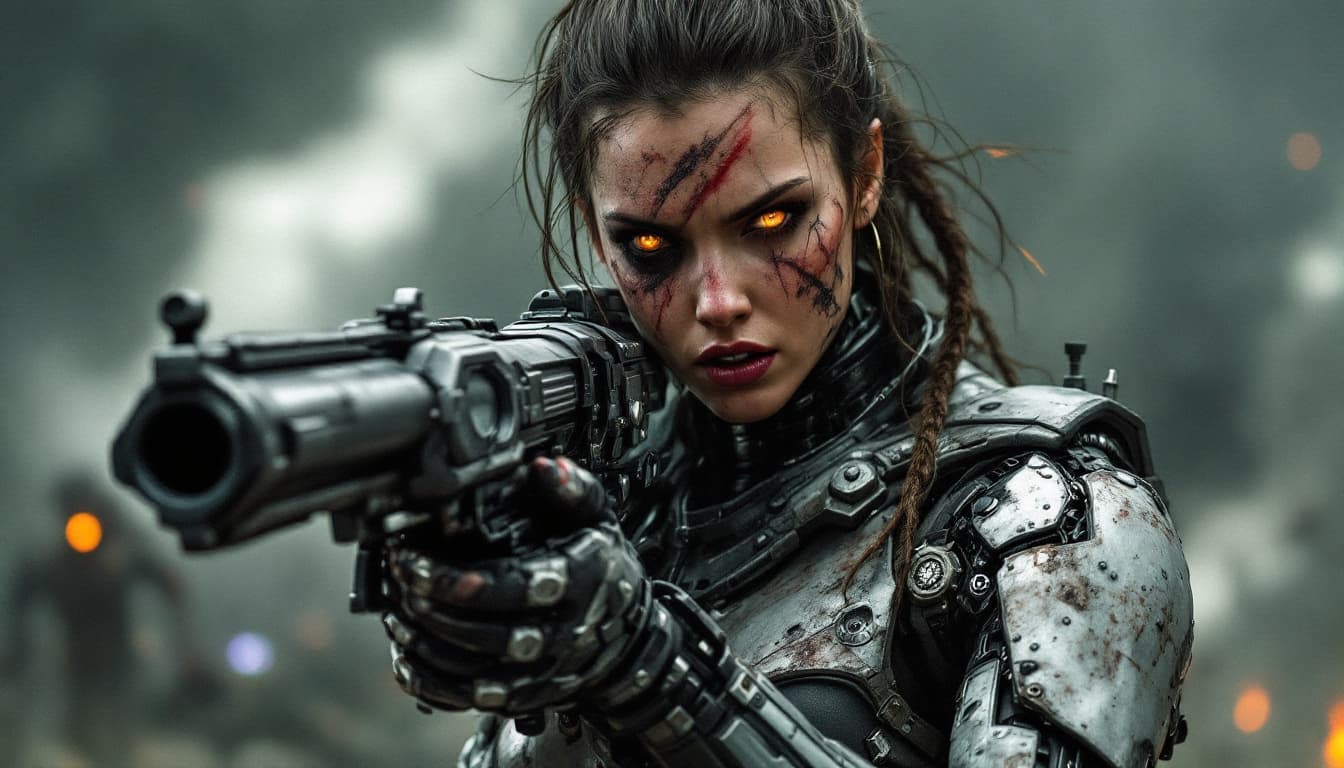 AI generated: woman, cyborg, mechanical right arm,  mechanical left leg, mechanical left eye, ((scarred from burns...