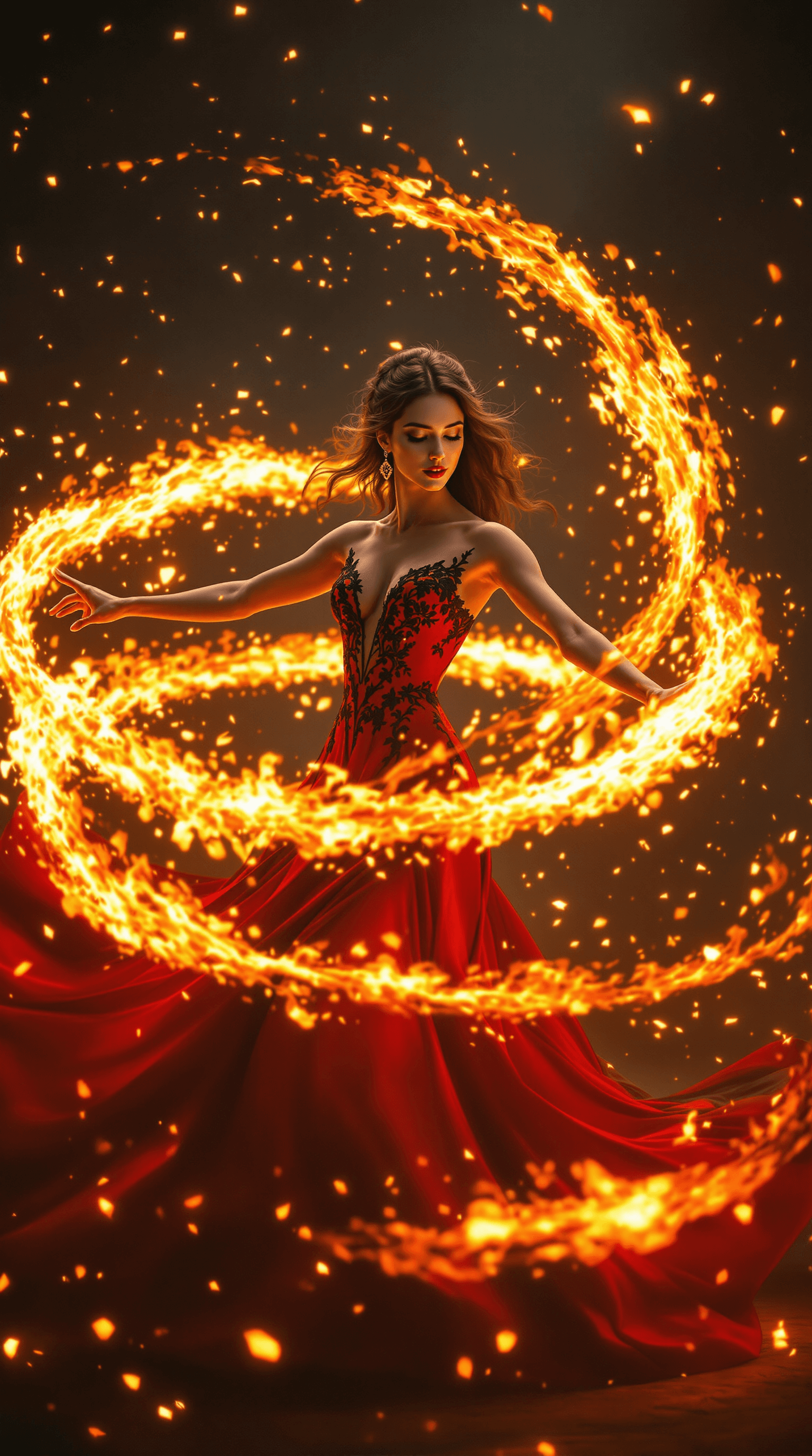 AI generated: A mesmerizing and dramatic scene of a woman dancing amidst swirling flames, her movements forming a ...