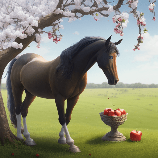 AI generated: a horse full details in a heaven eating one apple, below  in apple tree 

