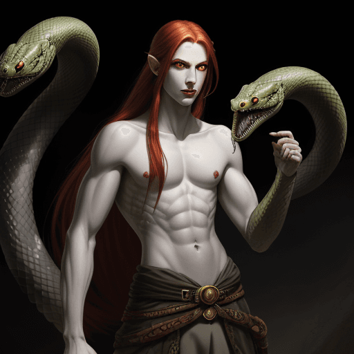 AI generated: 
dungeons and dragons, dnd character art, pale, red hair, snake-like, snakes, male, skinny, long hai...