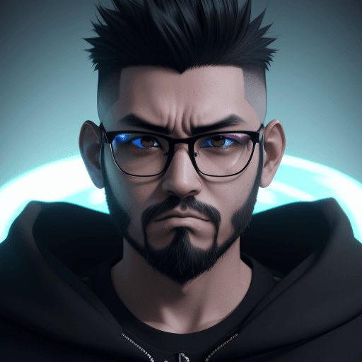 AI generated: anime boy 30 y.old, short back hair, glasses, short beard, hispanic skin and he looks like angry, cl...