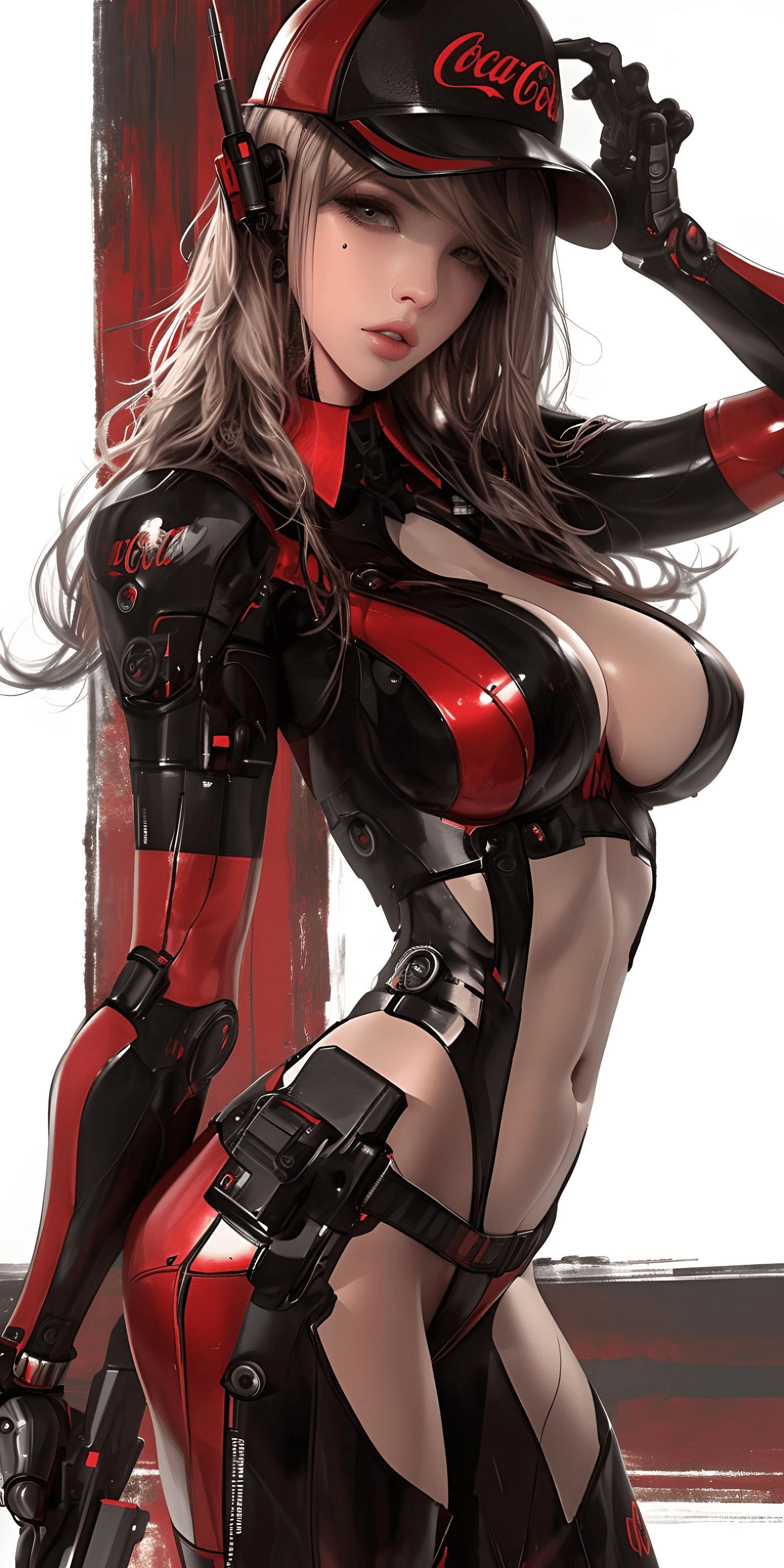 AI generated: A futuristic female character stands confidently, showcasing a sleek, form-fitting black and red out...