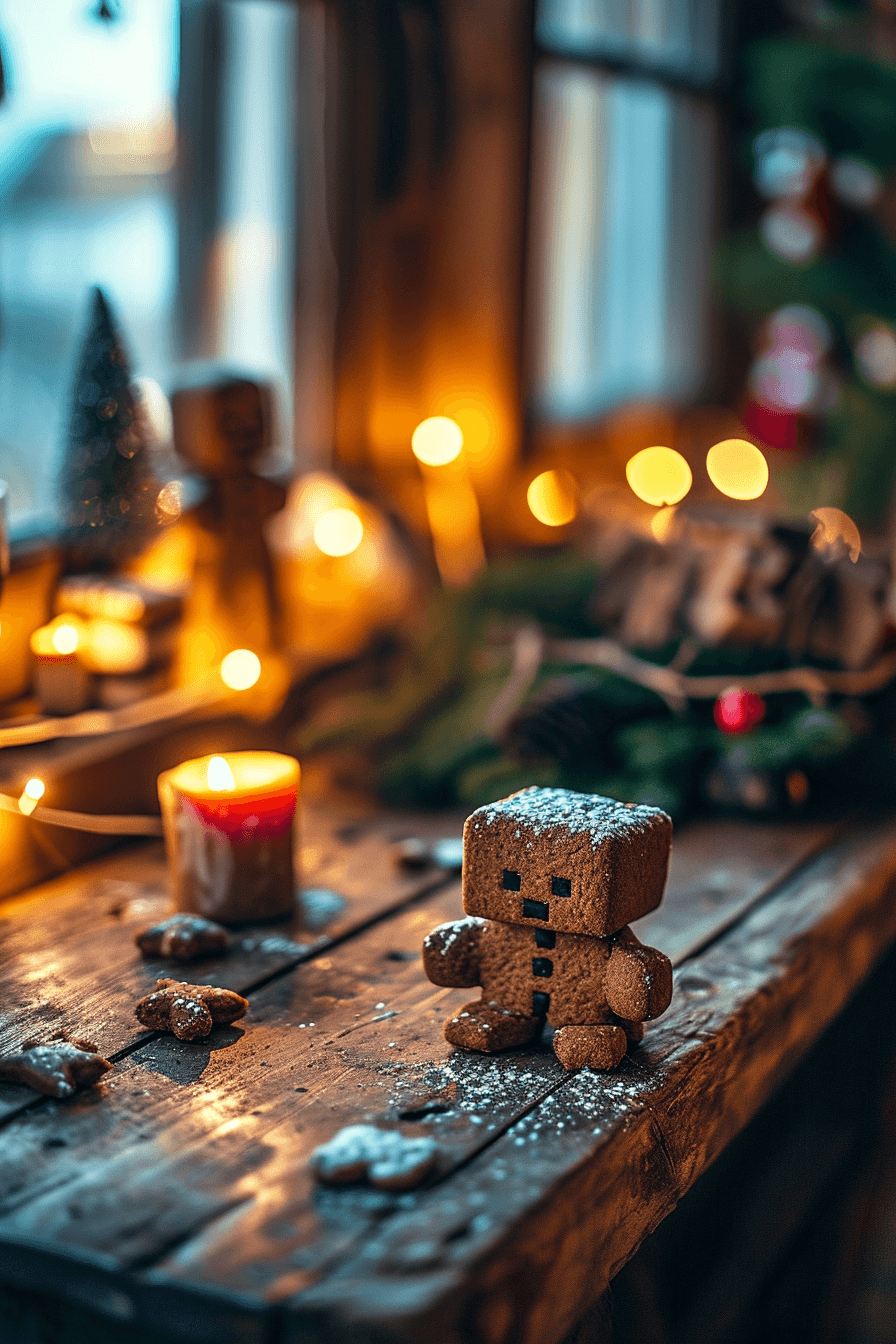 AI generated: a photograph of a gingerbread in shape of creeper, minecraft mob, on a wooden table, in the kitchen,...