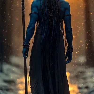 AI generated video: close up of blue skin Lord Shiva with trident (trishul) in dark veil cloak walking in winter forest ...