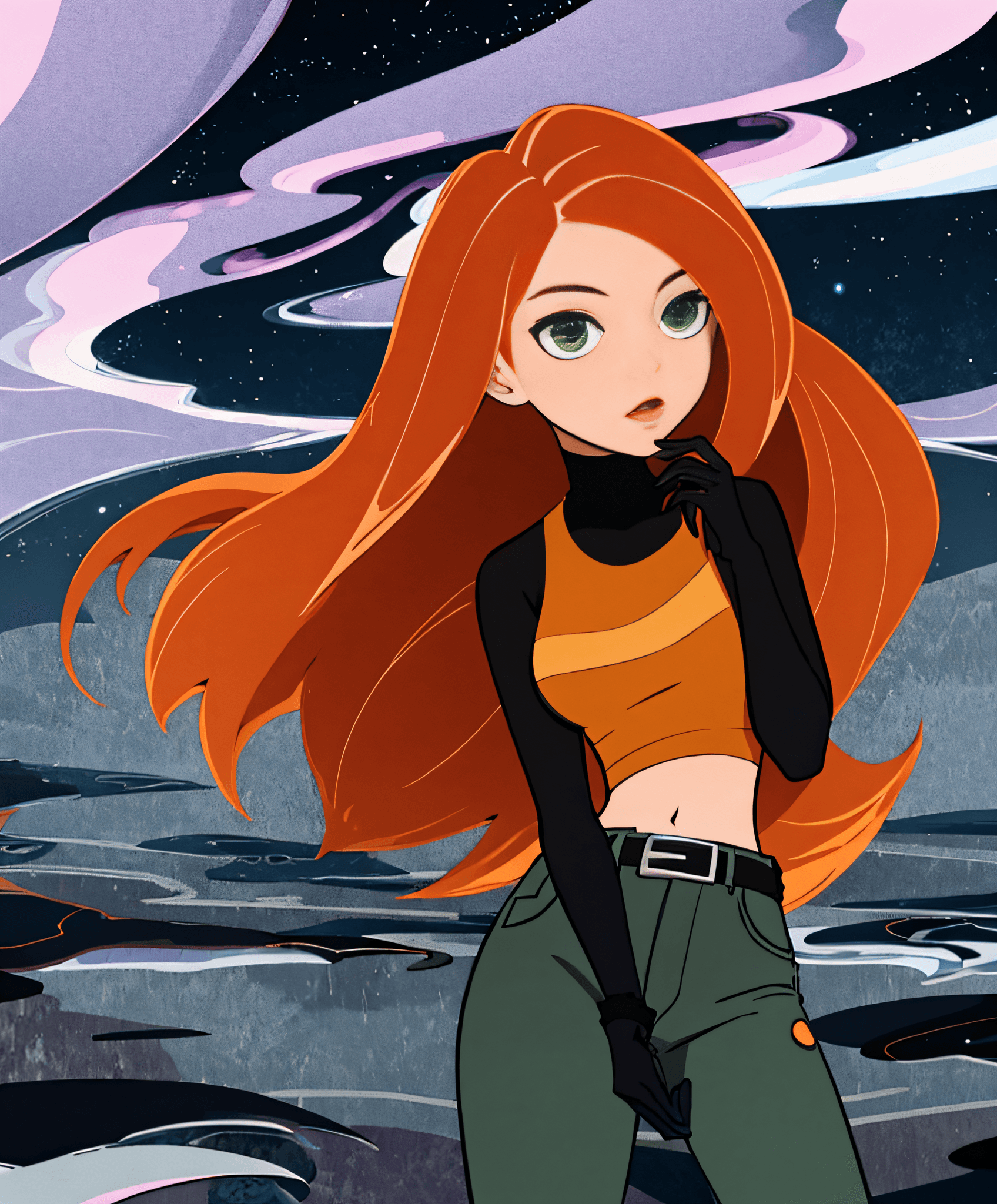 AI generated: original-art, lineart, inked, 1girl, green eyes, long hair, orange hair, kim possible, jeans, black ...