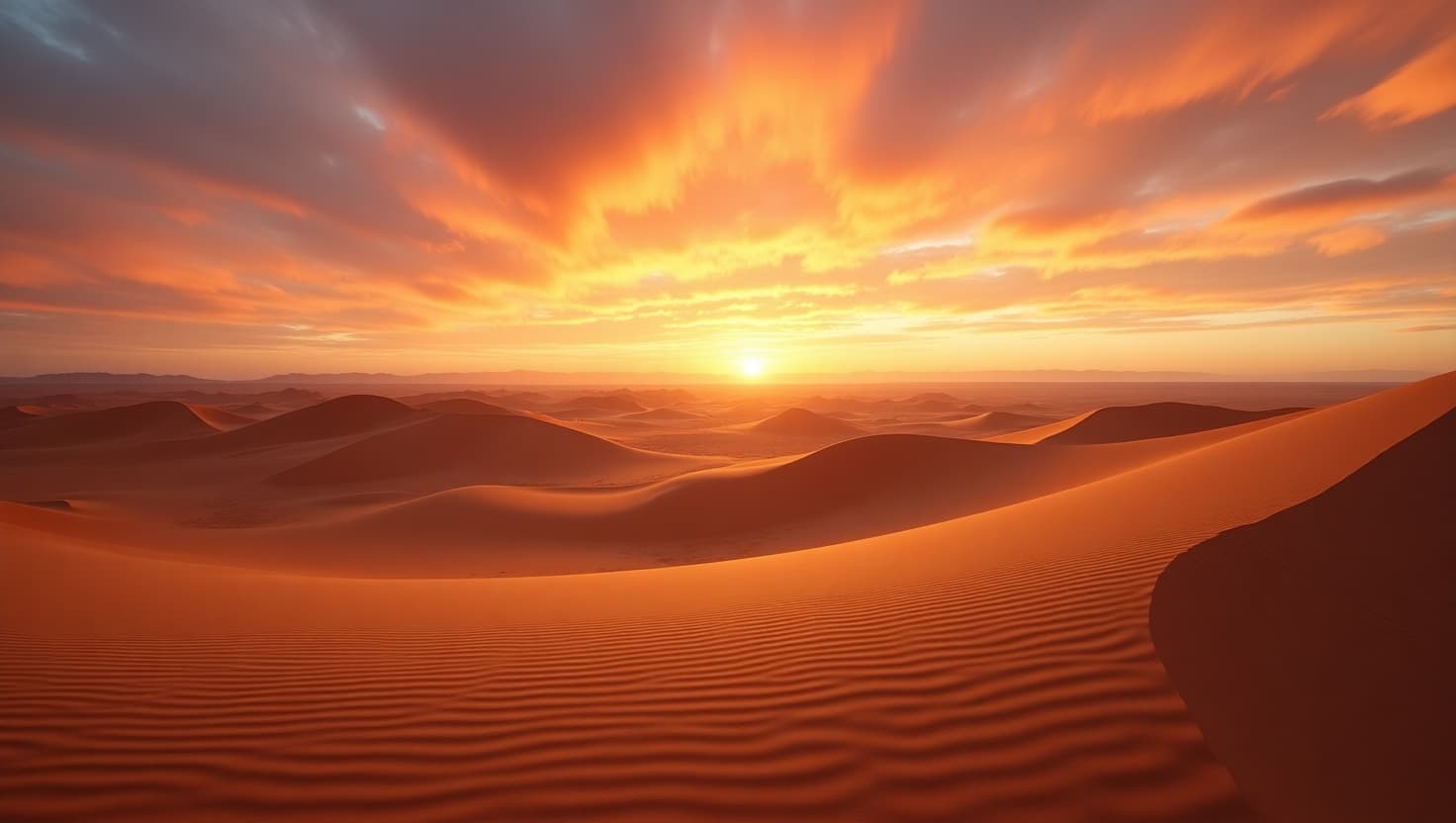 AI generated: A vast, endless desert landscape with undulating sand dunes of various sizes, some towering high, ot...