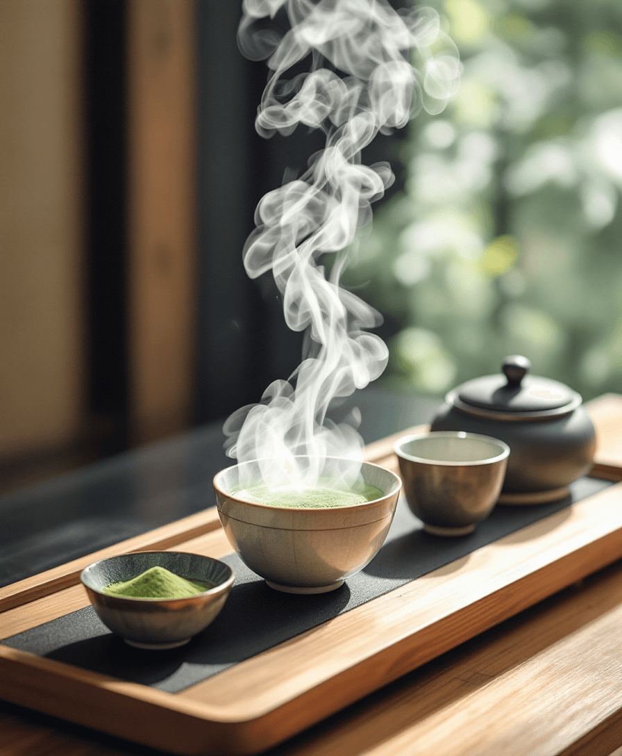 AI generated: A modern Japanese tea set on a wooden tray with matcha powder and steam rising, zen minimalism.cinem...