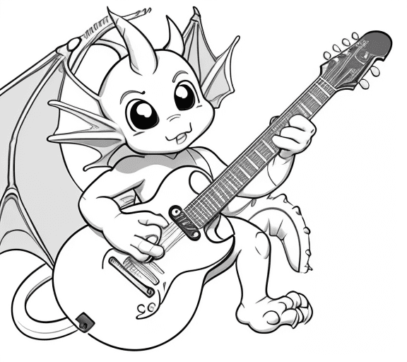 AI generated: cartoon baby dragon playing with a guitar with  only the lines so i can paint it and fit the canvas ...
