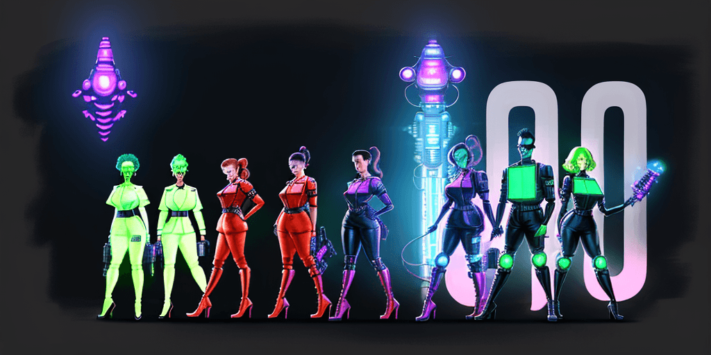 AI generated: A super high quality wide image of a team of people that are wearing outfits from Ghostbusters. They...