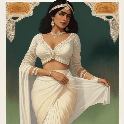 AI generated: Latina woman in white saree is a great vintage shot, in the style of Sofía Vergara, raphael kirchner...